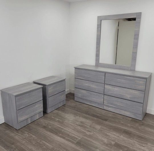 DRESSER WITH MIRROR AND TWO NIGHTSTANDS
