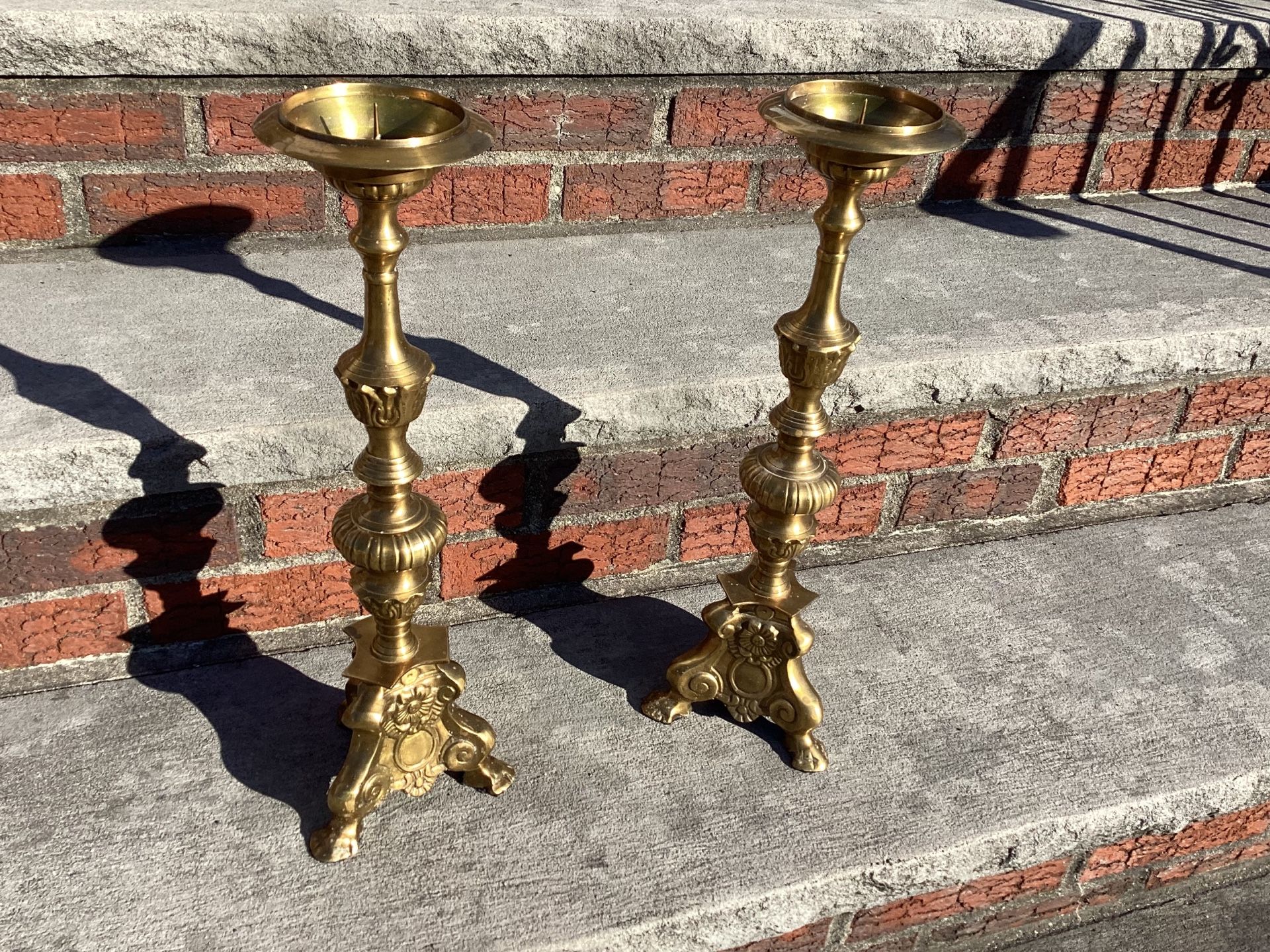 Vtg.Pair Large Brass Candlesticks Baroque Style 19” Church Pillar Candle Holders Preowned