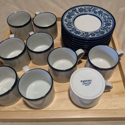 Set Of 9 Cups & Saucers RANMARU Stonecraft Japan  blue 