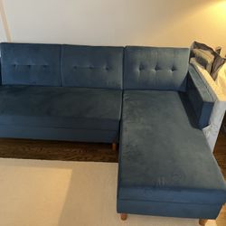 Blue Chenille, Sectional Futon with right/left Chaise and storage.
