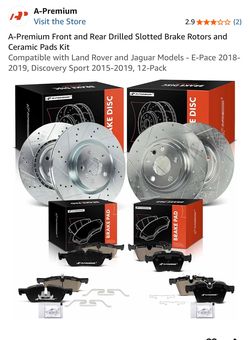 Front and Rear Drilled Slotted Brake Rotors and Ceramic Pads Kit Compatible with Land Rover and Jaguar Models - E-Pace 2018-2019, Discovery Sport 2015