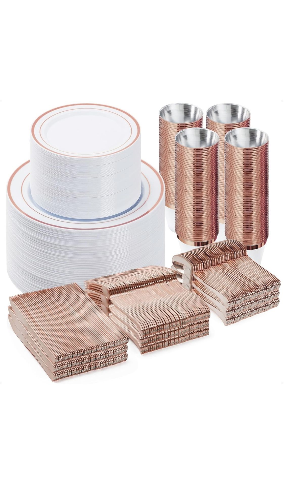 600PCS Plastic Dinnerware Set (100 Guests), Rose Gold Disposable Plates for Party, Wedding, Christmas, Anniversary, Includes: Dinner Plates, Dessert P