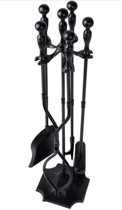 GARDEN & HOME 5 Pcs Fireplace Tools Sets Black Handle Wrought Iron Large Fire Tool Set