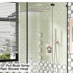 Shower Jets System in Wall, 12" Thermostatic Rain Shower System with Handheld Spray, 4 Body Jets and Volume Adjustable Valve, All Functions Simultaneo