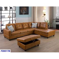 New Ginger Leather Sectional And Ottoman