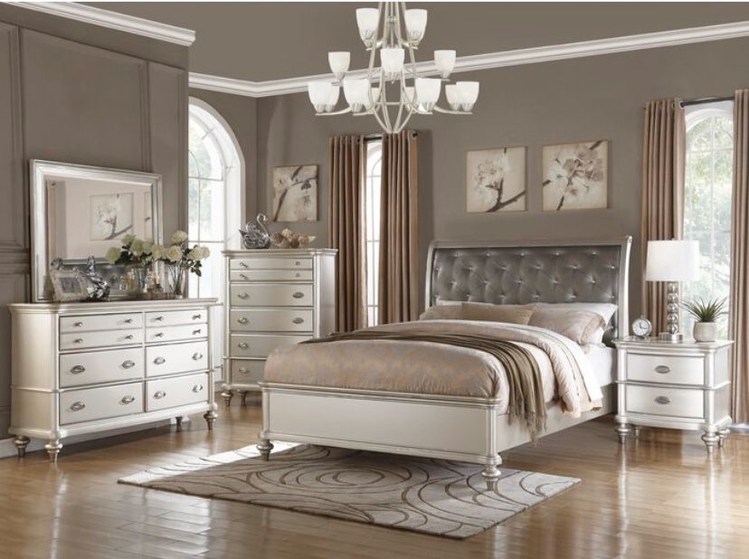 Upholstered bed, Mattress End Tables and Dresser size queen