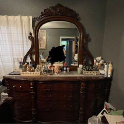 Queen Bed Frame  with Mirrored Dresser & 2 Nightstands