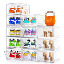 12 Pack Clear Shoe Storage Organizer with Magnetic Door,Stackable Plastic Shoe Boxes