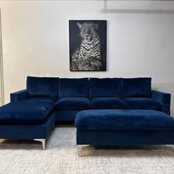 Blue Velvet 4-Seater Sectional Sofa with Ottoman