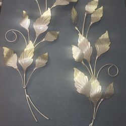 Pair Of HOMCO Metal Gold Leaf Wall Hangings 