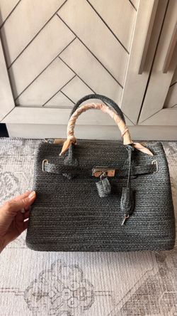 Straw Woven Birkin/Kelly-inspired bag in charcoal grey color with pink twilly