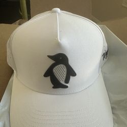 New White Waggle Hat with Penguin design
