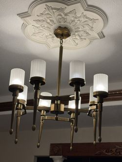 8 Light Chandelier in Brushed Natural Brass with White Fabric Shades