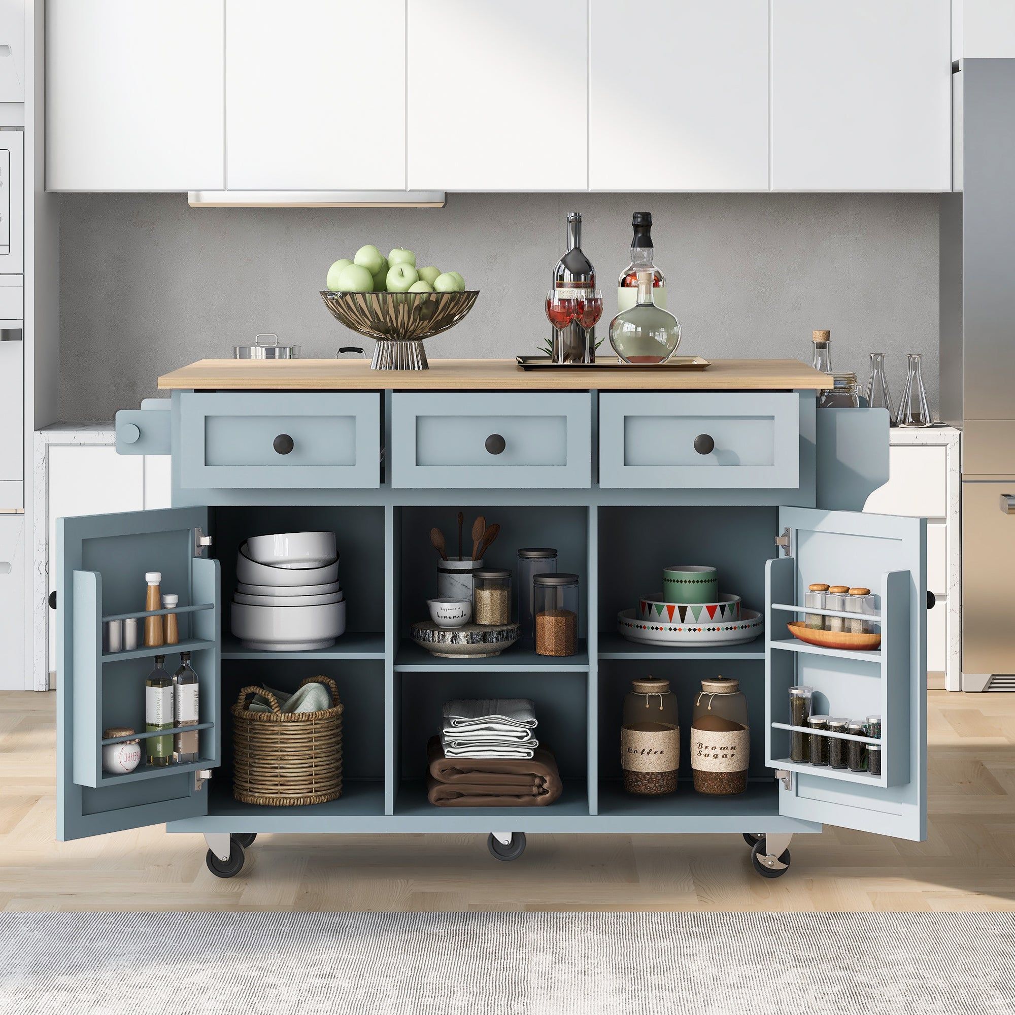 Kitchen Cart with Rubber wood Drop-Leaf Countertop ,Cabinet door internal storage racks,Kitchen Island on 5 Wheels with Storage Cabinet and 3 Drawers 