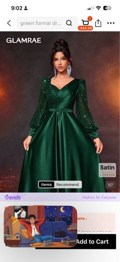 Glamrae Elegant Women's Green Satin Dress,Sheer Long Sleeve Beaded Sequin Patchwork