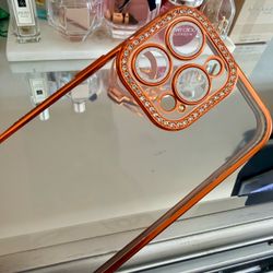Clear iPhone 16 Pro Max Case Orange Rhinestone Camera Cover