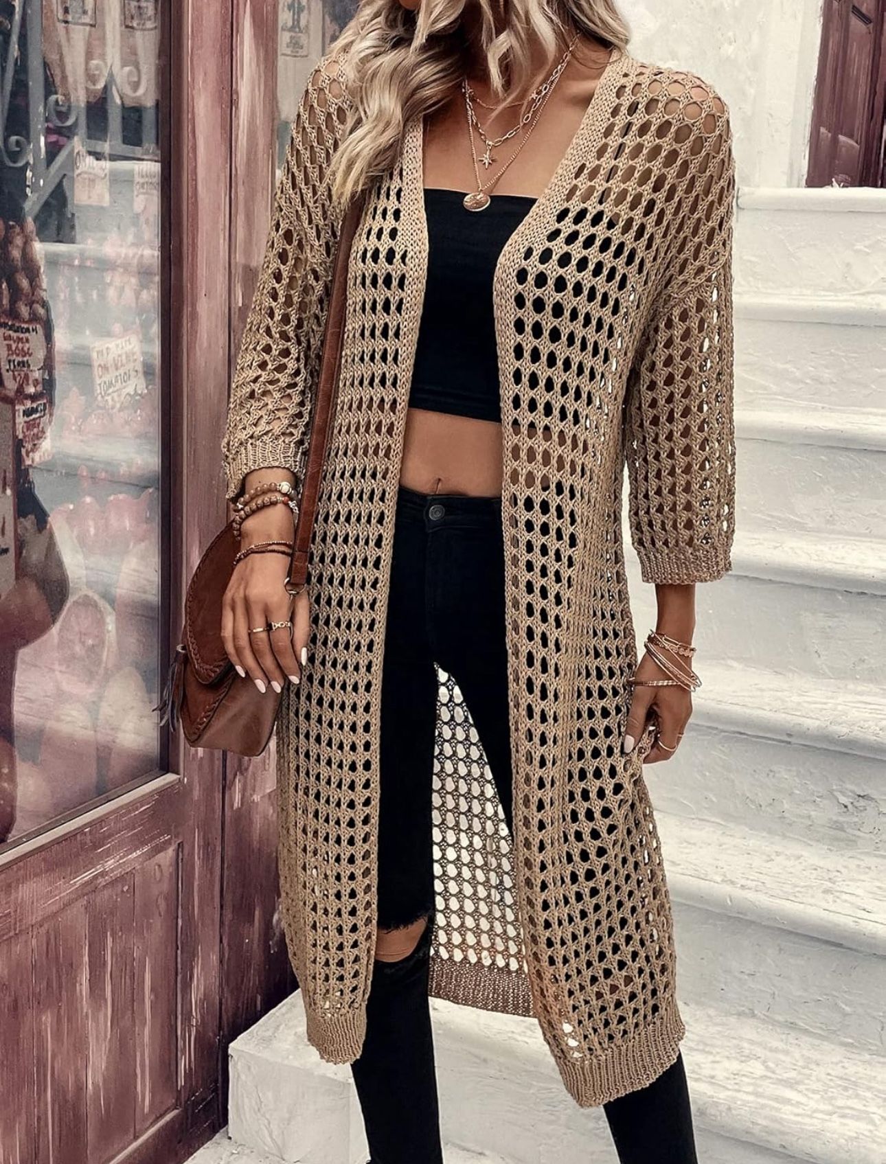 XL Khaki Women's 3/4 Sleeve Long Cardigan Lightweight Hollow Out Crochet Knit Open Front Kimono