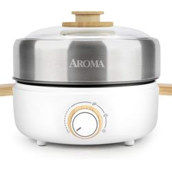 Aroma Housewares AMC-130 Whatever Pot, Indoor Grill, Cooking, Hot Pot with Glass Lid, Bamboo Handles, 2.5L, Stainless Steel/White