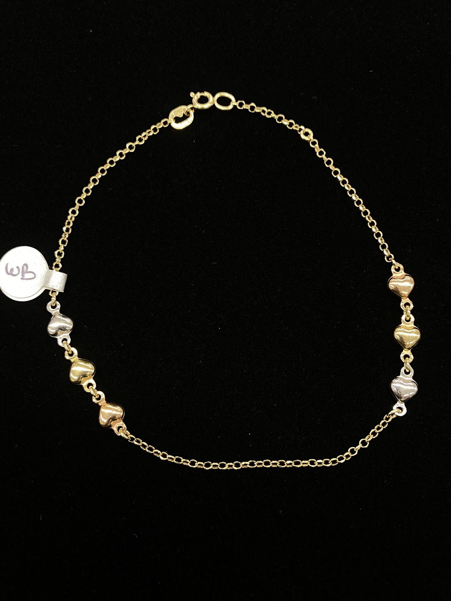 $425 Three Tone Gold Heart Anklet