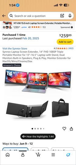 Synnov Laptop Screen Extender, 14" FHD 1080P Triple Portable Monitor for 13"-16.5" Laptop