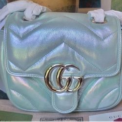 $2600 NEW GUCCI MARMONT IRIDESCENT GREEN LEATHER MINI FLAP BAG