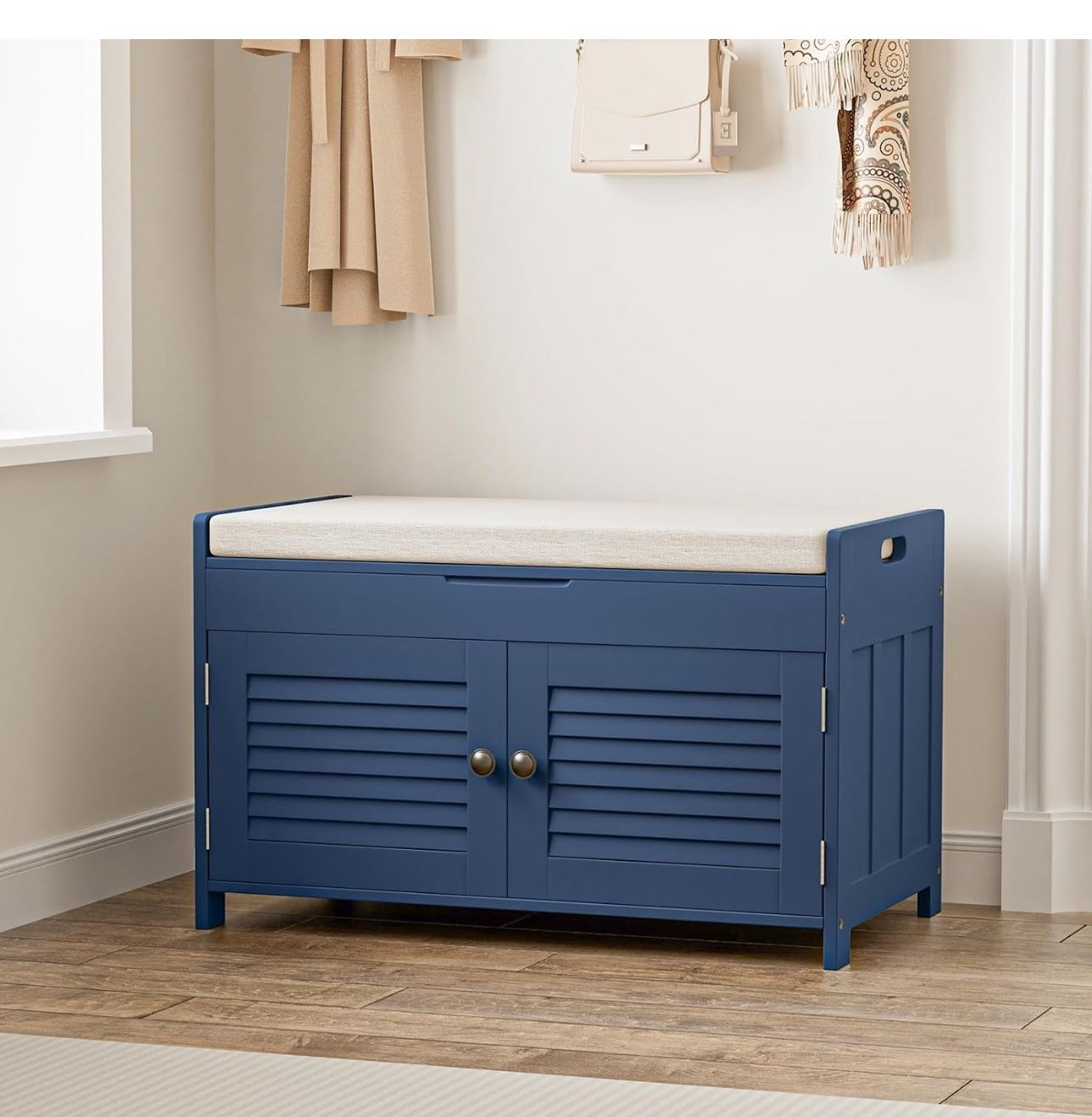 Shoe Storage Bench with Lift Top Storage, Entryway Bench with Cushioned Seat, Adjustable Shelf, 2 Tier Shoe Rack with Doors for Entryway, Bedroom, Hal
