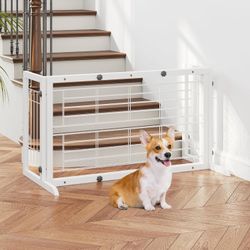 38" -67" Dog Gate Indoor, Pet Gates for Doorways No Drilling, Wooden Free Standing Doggie Fence for Stairs, Safety for Small to Medium-Sized Dog,White