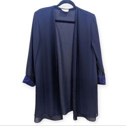 Vintage Traditions Sheer Navy Blazer Cardigan Sequin Sleeve Detail Woman Large