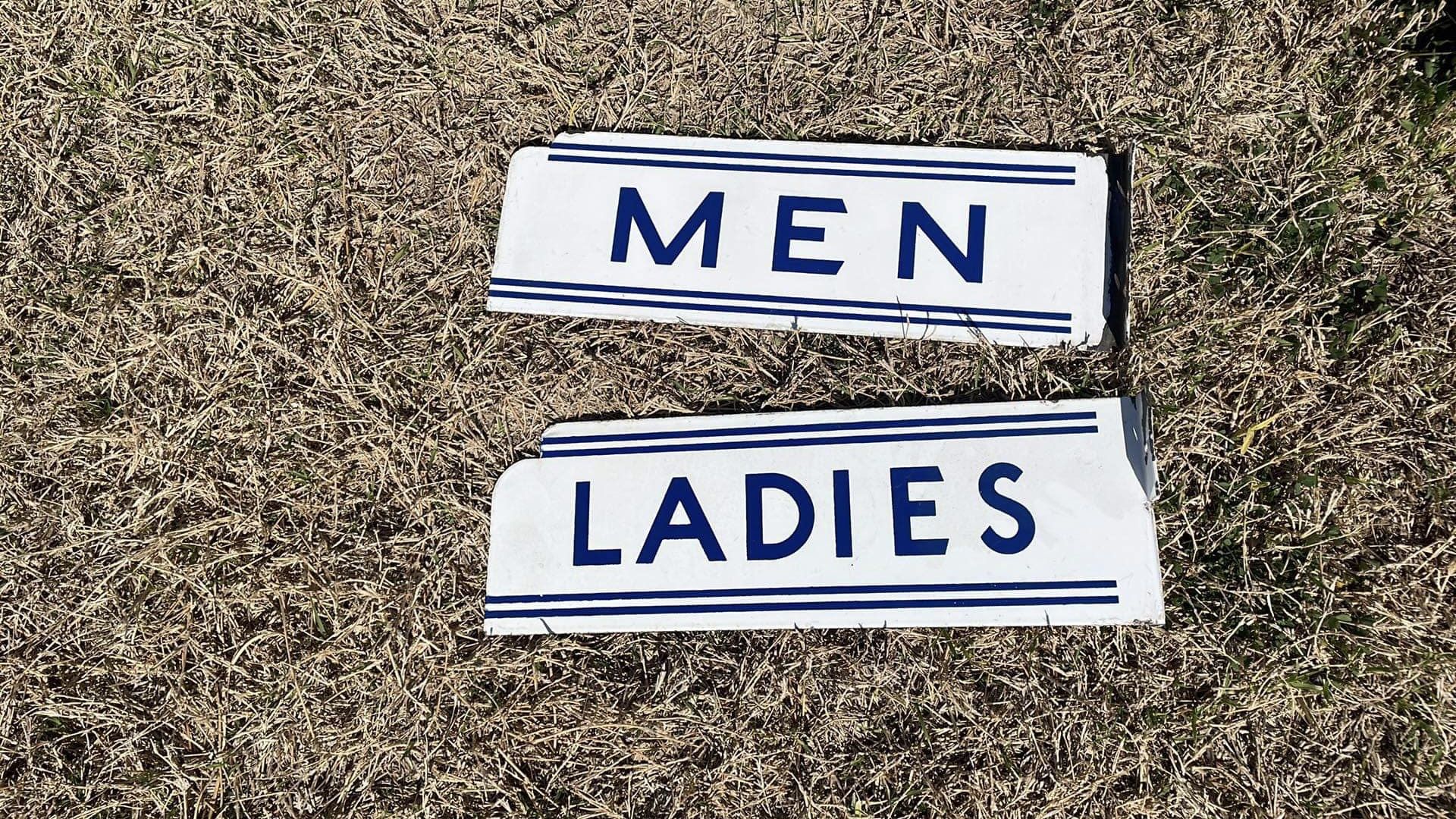 Gulf #gulf art deco ladies and men porcelain restroom signs #flange