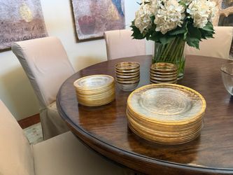 Vietri Regolo Gold Rimmed Glacier Ice Texture Glass Dinnerware 12 Piece Setting and Serving Bowl