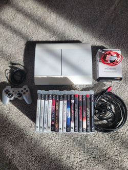 UPGRADED PS3 Super-Slim (White) + Mclassic Upscaler, Controller, and 15 Games