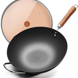 WANGYUANJI Carbon Steel Wok with Lid, 12.6 Inch Flat Bottom Wok Pan, Uncoated Stir Fry Pan with Wooden Handle, Chinese Wok for Gas, Electric, Inductio