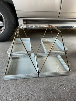 Benzara Galvanized Metal Two Tiered Rectangular Serving Tray, Gray (2)