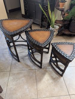 Set Three Vintage Bamboo Rattan Nesting Tables