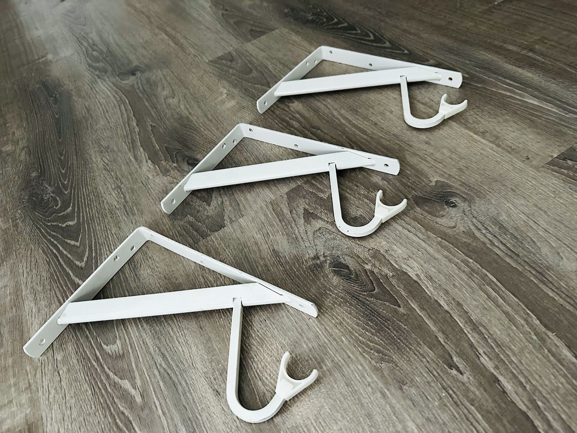 3 White Steel Shelf and Rod Bracket 8”/11”/1” $20 for all
