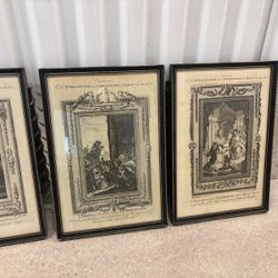 Five antique professionally framed etchings of the life of Christ. 14” x 10”