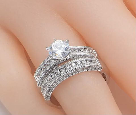 14K White Gokd Plated Engagement Wedding Ring Set