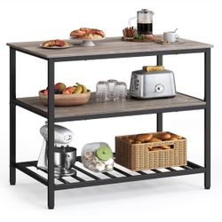 Kitchen Island with 3 Shelves, 39.4 Inches Width Kitchen Shelf with Large Worktop, Stable Steel Structure, Industrial, Easy to Assemble, Greige and Bl