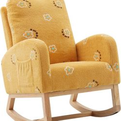 Modern Home Rocking Chair for Nursery, Mid Century Accent Rocker Armchair With Side Pocket, Mustard