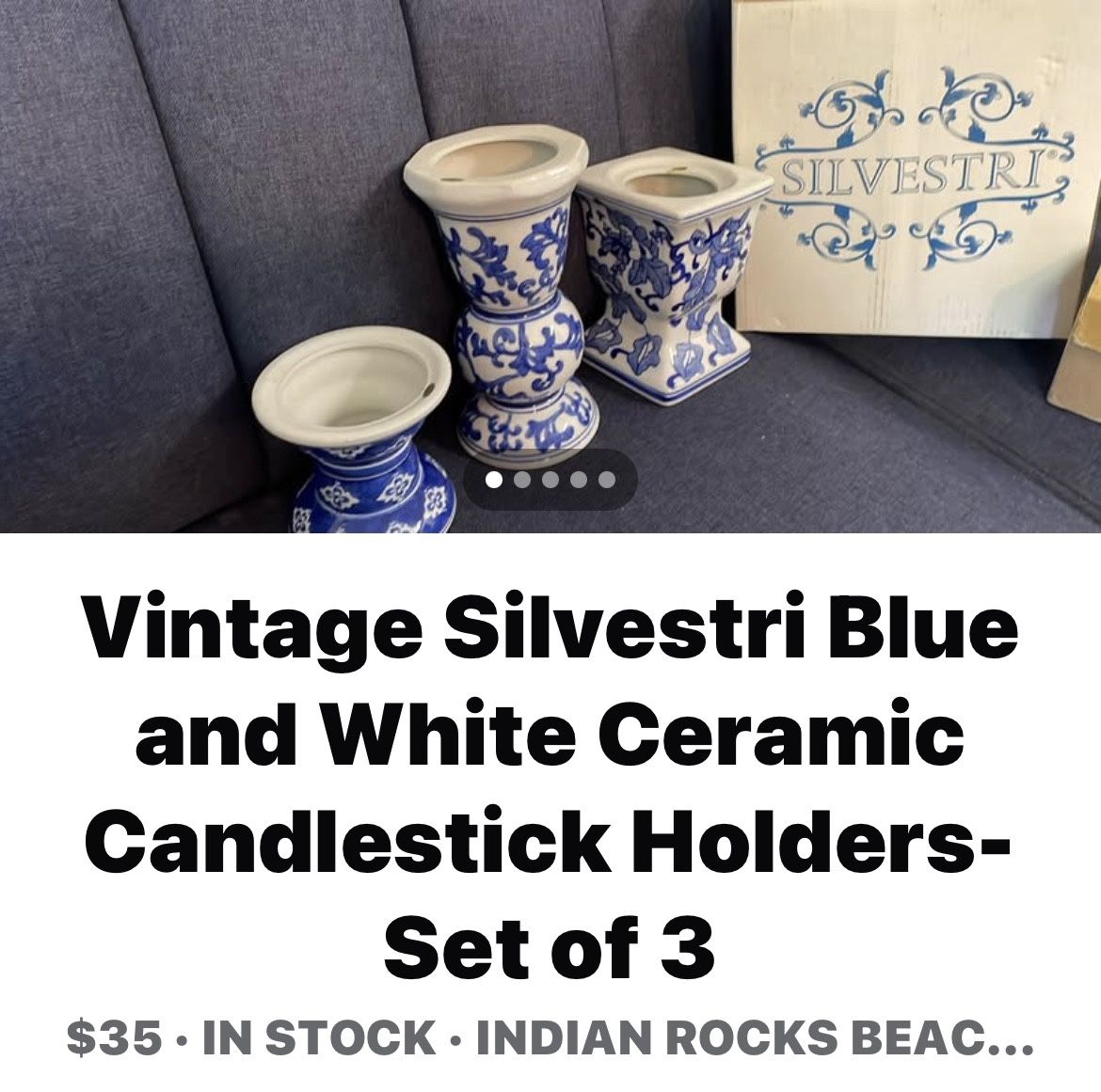 Vintage Silvestri Blue and White Ceramic Candlestick Holders- Set of 3 $35 • IN STOCK • INDIAN ROCKS BEAC...