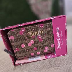 Nwt Juicy Couture Chestnut/pink Cherry Med Double Zip Wallet