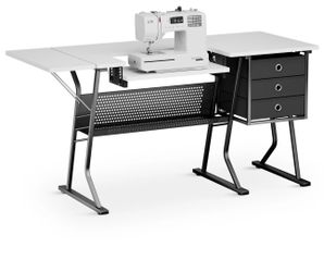 Sewing Machine Table with Fold-Down Top, Height Adjustable Platform Craft Table with Storage Shelves & Drawers, White