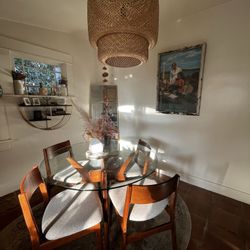 West Elm Jensen  Round Glass Table Top And Upholstered Walnut Chairs 