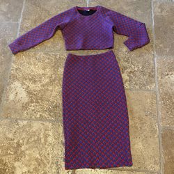 AMERICAN APPAREL Women Red Blue Patterned 2-Piece Outfit Crop Top Skirt- XS/S