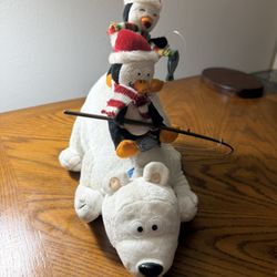 GEMMY CHRISTMAS ANIMATED SINGING PENGUINS FISHING ON POLAR BEAR PLUSH FIGURE