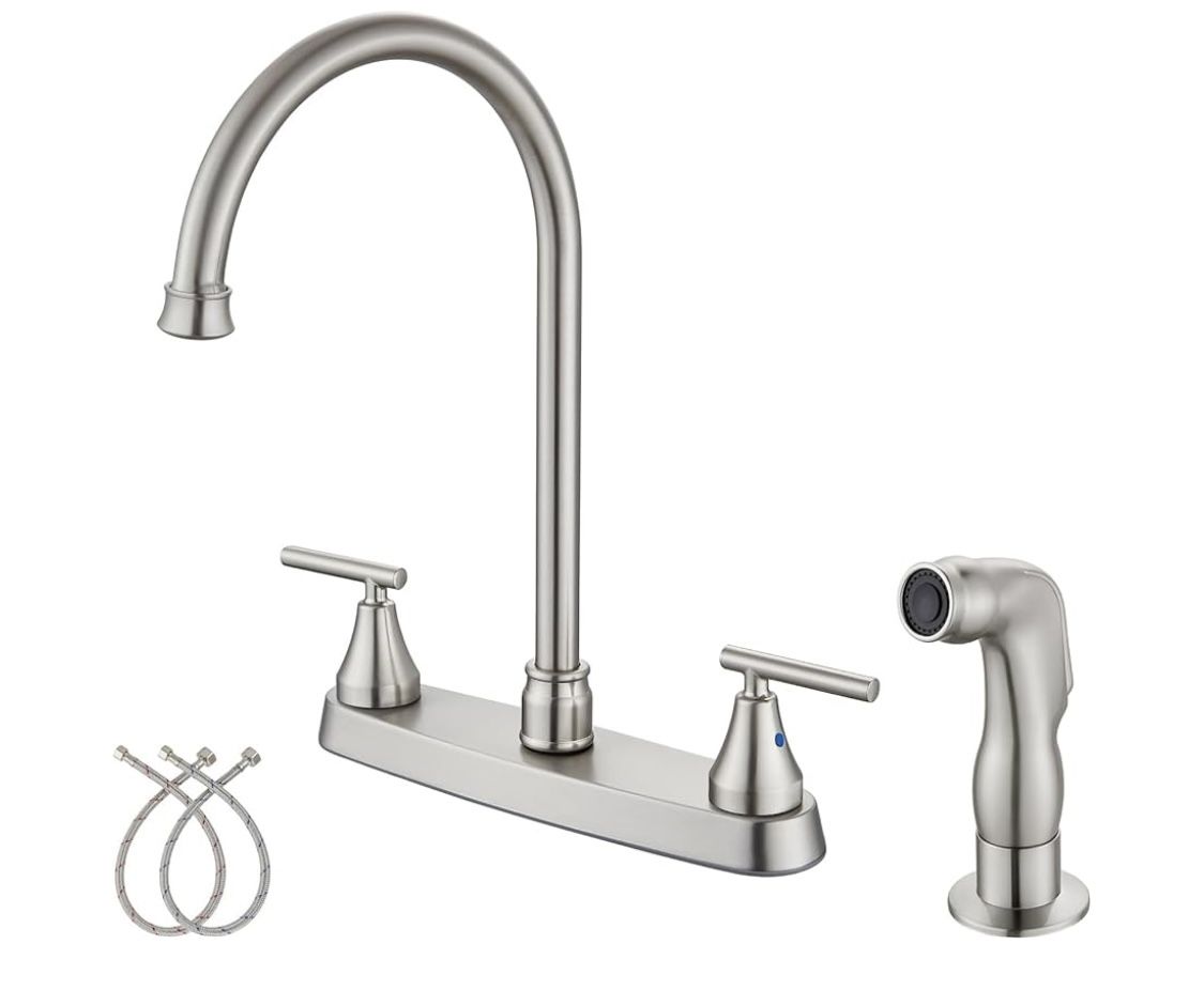 2 Handle Kitchen Faucets Deck Mounted 3 Hole 8 Inch RV Kitchen Sink Faucet High Arc 360° Rotating Spout Mixer Tap, Brushed Nickel, with Side Sprayer