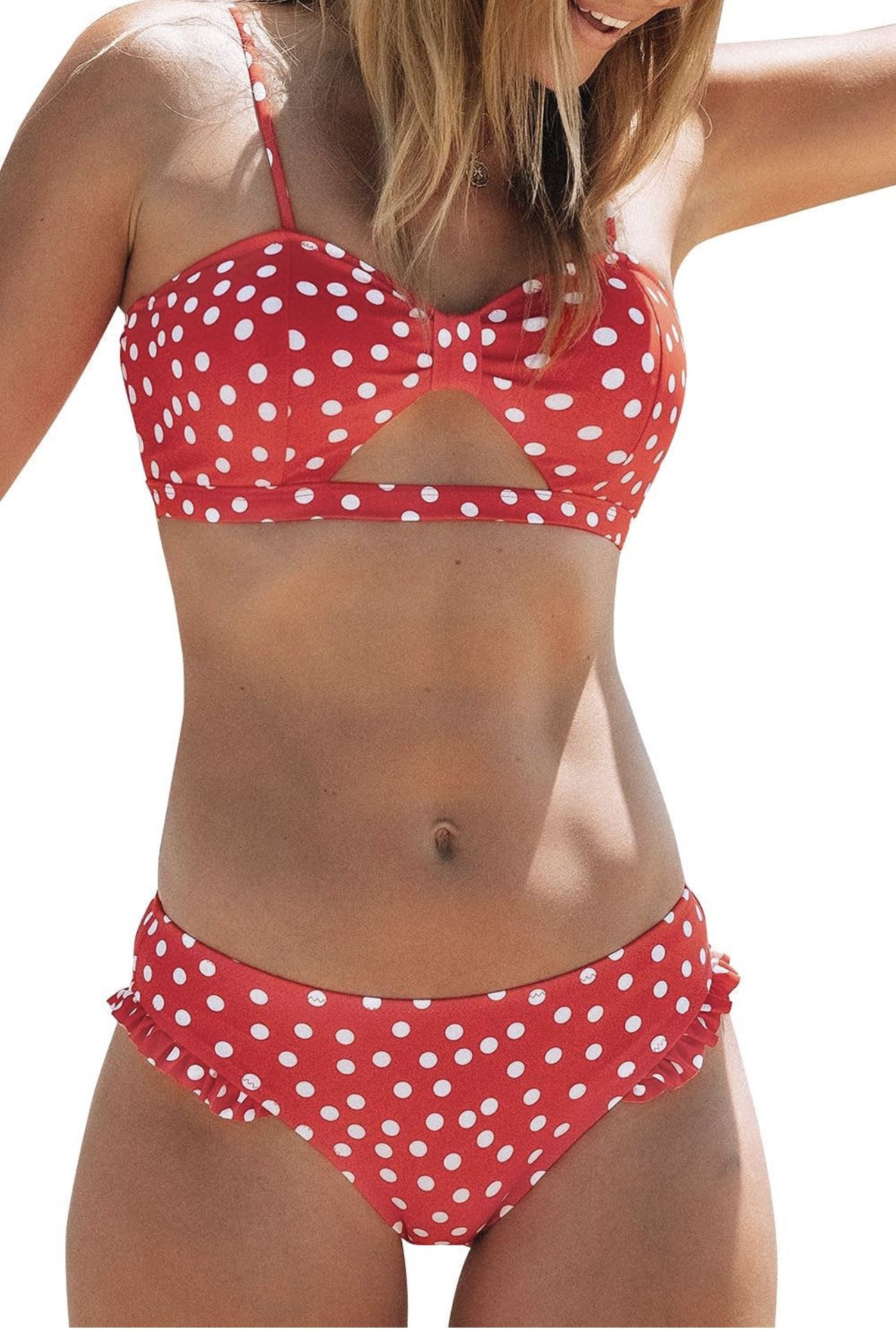 CUPSHE Women's Polka Dot Cutout Ruffles Back Hook Closure Bikini Sets size M Fabric type Fabric: 80% Chinlon, 20% Spandex  About this item Design: Cut