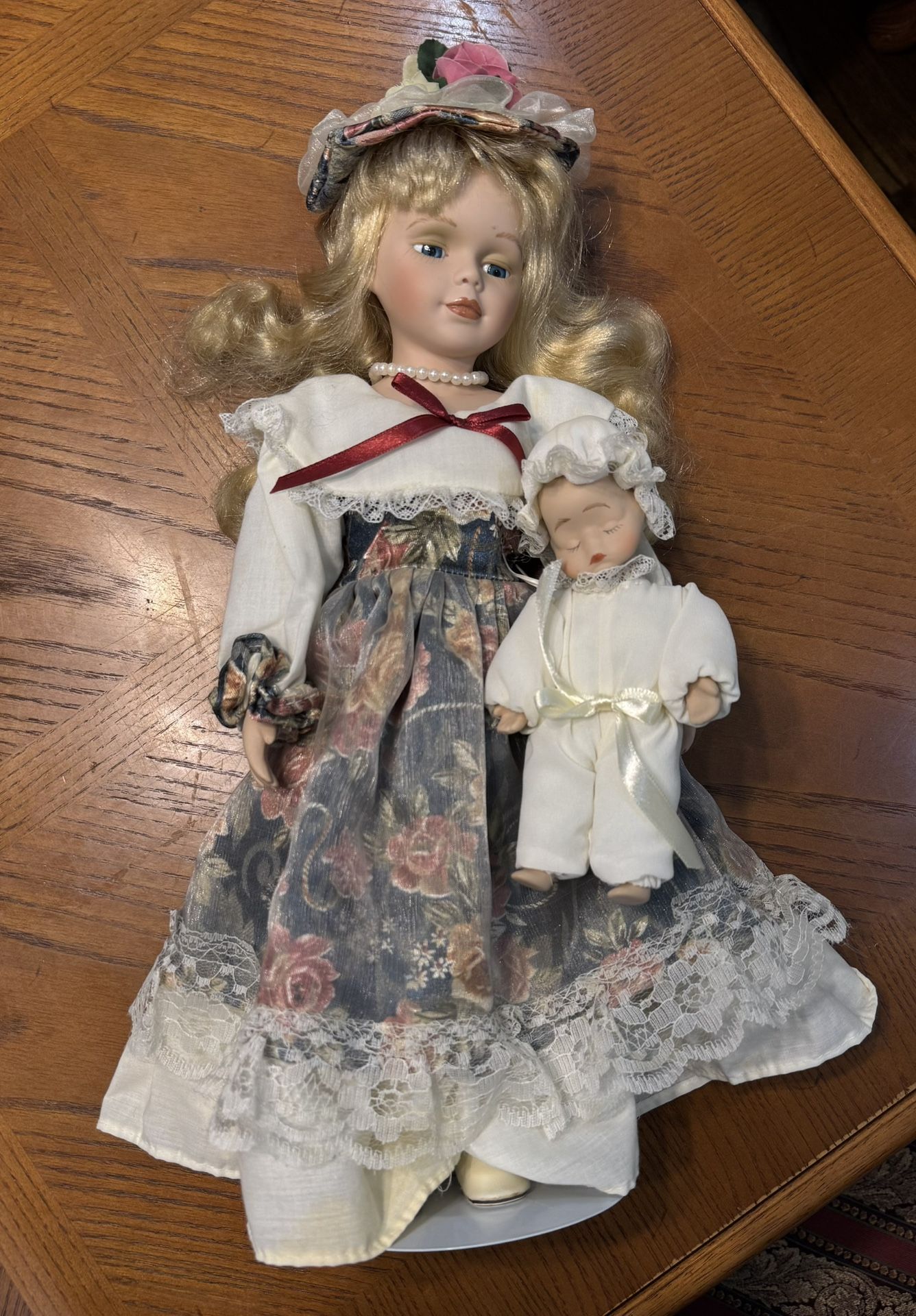 Baby's Dream Porcelain Doll 16” Mother and 7” Baby and Doll Stand