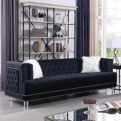 Black Sofa + Love Seat • Contemporary Style Living Room Furniture • Black Tufted Velvet • Acrylic Ghost Legs