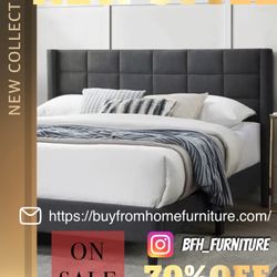 Queen Dark Grey Burlap Button Tufted Bed w. Orthopedic Mattress Included 